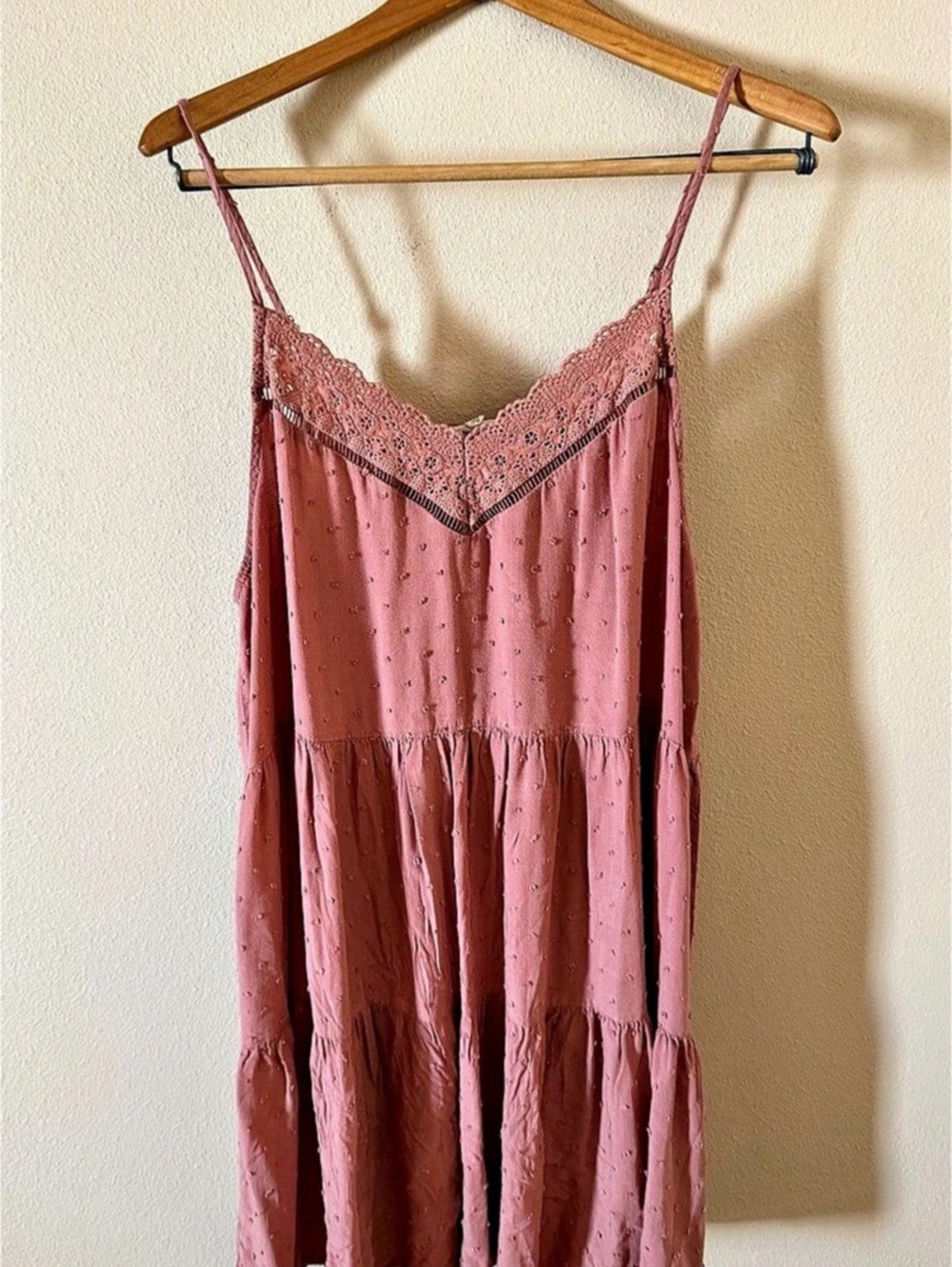 Sweet Wanderer Dusty Rose Swiss Dot Tiered Babydoll Mini Dress Lace Trim XL
